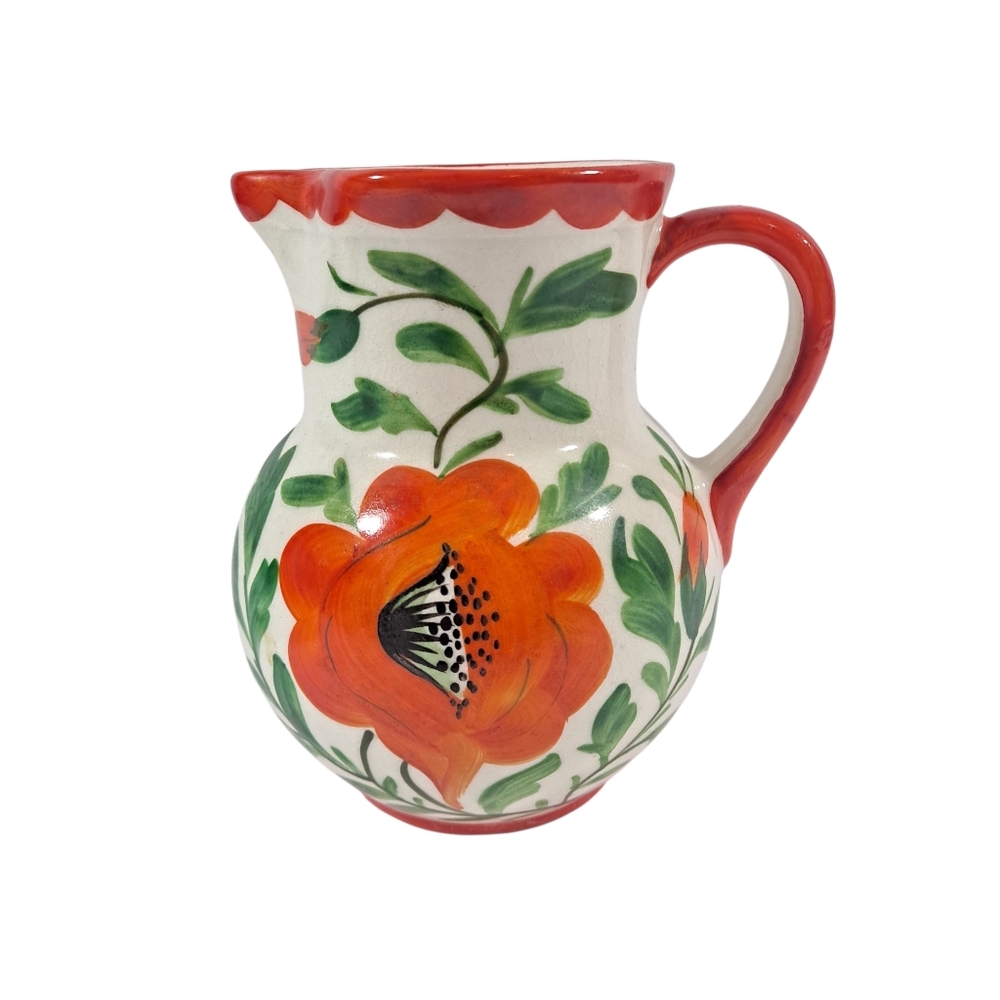 Vintage Erphila Art Pottery Orange Poppy Pitcher Czecho Slovakia Hand Painted